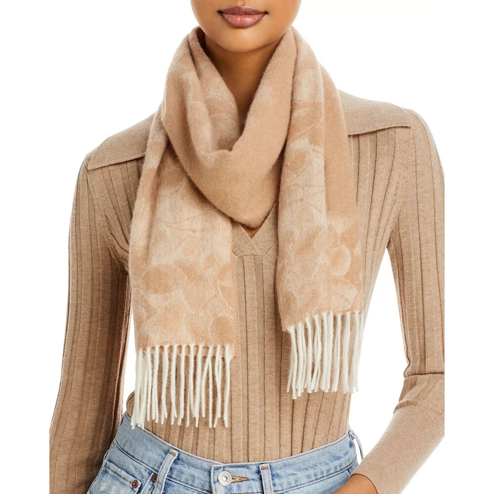 C by Bloomingdale's Women's 100% Cashmere Floral Scarf Fringe Trim Beige Tan OS